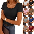 thumbnail image 1 of Women's Short Sleeve Lace Trim Ribbed Top Casual Basic Tee Spring Trendy, 1 of 9