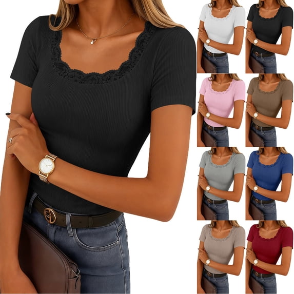 Women's Short Sleeve Lace Trim Ribbed Top Casual Basic Tee Spring Trendy