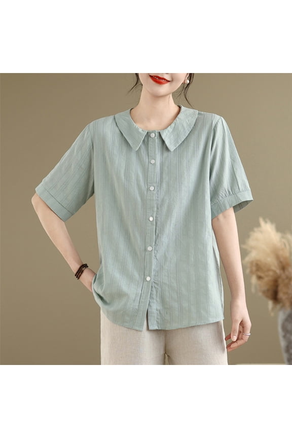 Women's Short Sleeve Lapel Button Down Shirt Tops Blouses Tunic Solid Color Plain Business Casual Work Office Vacation Travel Fashion Essential Gift for Women | Aestivo,Green XL