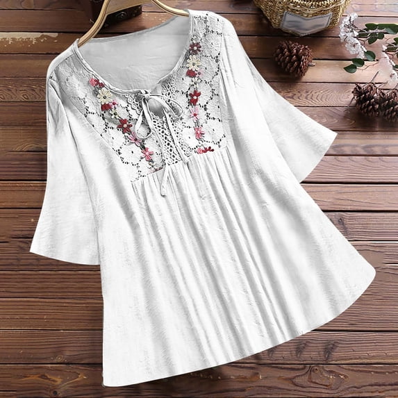 Women's Short Sleeve Linen Blouse Breathable V-Neck Tops with Lace Patchwork Tie Mexican Peasant Embroidered Casual Beach Tunic
