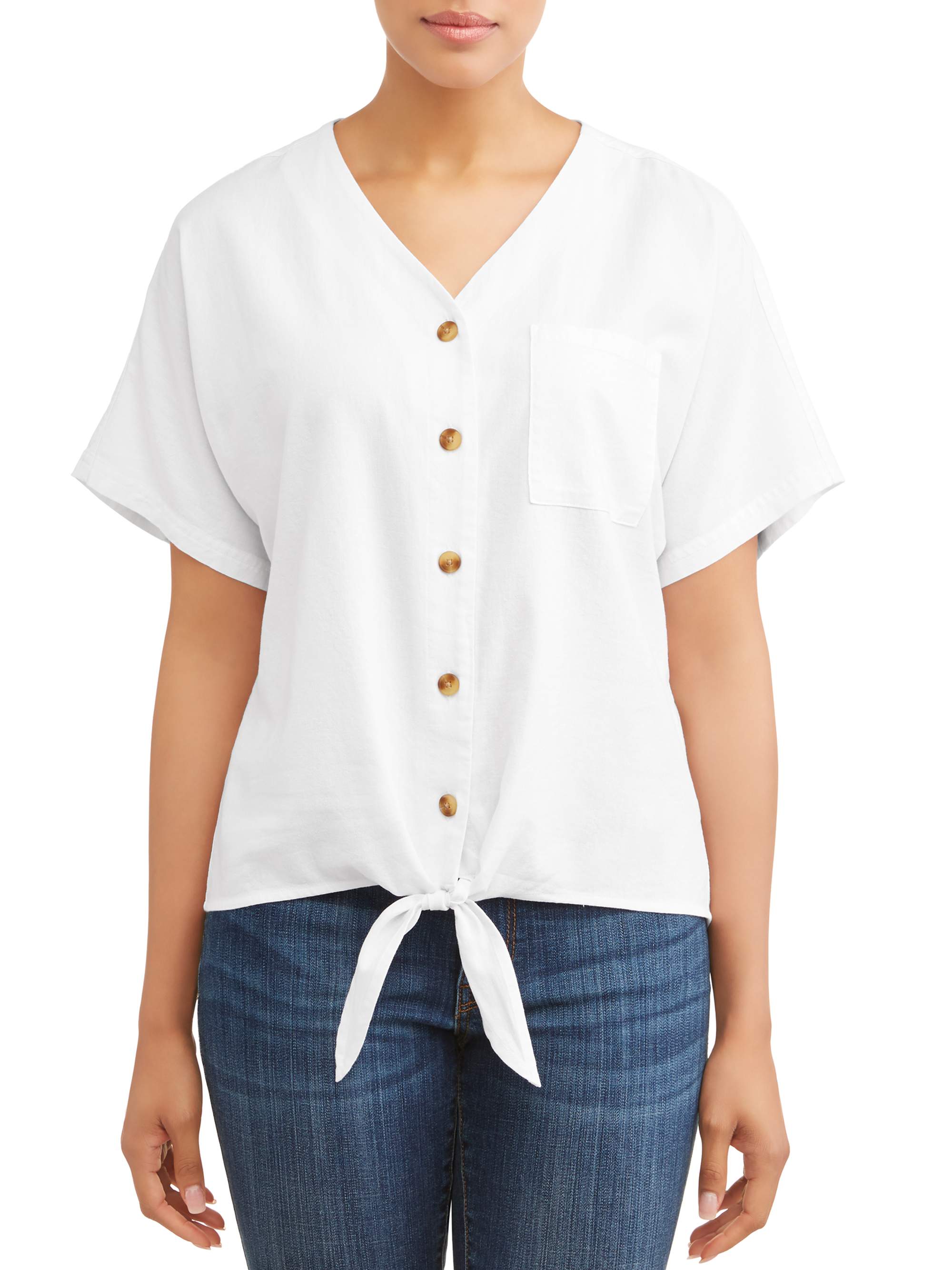 Women's Short Sleeve Linen Button Down Tie Blouse - image 1 of 4
