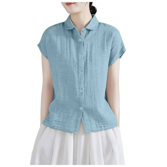 Women's Short Sleeve Linen Shirt Relaxed Fit Round Neck Casual Blouse Breathable Comfort Summer Top