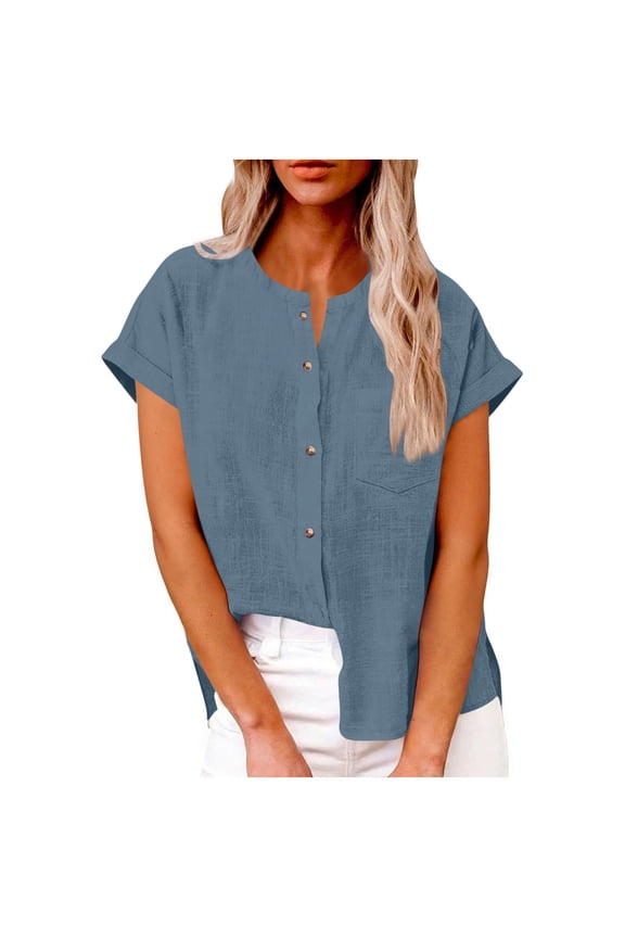 Women's Short Sleeve Linen T-Shirts Round Neck Button-Down Solid Tops Front Pocket and Asymmetric Hem 2026 Spring Summer Casual Wear