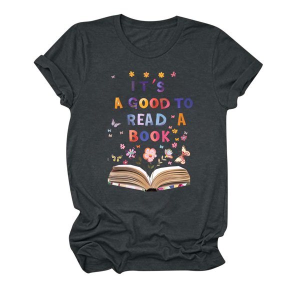 Women's Short Sleeve Loose Fit Flowy Tunic Tops Book Lover T shirts Vintage Dressy Casual Tops Fashion Flora Book Graphic Tees Round Neck Blouse Summer Clothes for Teen Girls Dark Gray T Shirts M