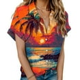 thumbnail image 1 of Women's Short Sleeve Loose Fit Flowy Tunic Tops Dressy Casual Tops Fashion Button Down Collared Hawaii Shirts for Travel Sunset Print Blouse for Beach Vintage Summer Clothes Orange T Shirts M, 1 of 4