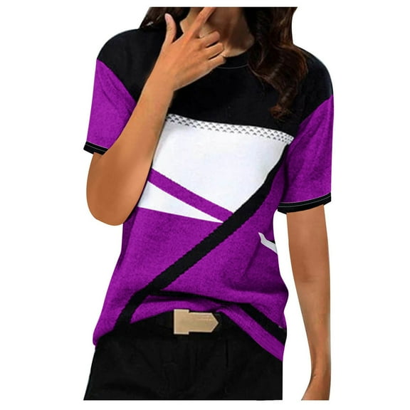 Women's Short Sleeve Loose Fit Flowy Tunic Tops Dressy Casual Tops for Lady Vintage Spring Tops Round Neck Blouse Fashion 2024 Summer Clothes for Teen Girls Color Block Purple T Shirts XXL