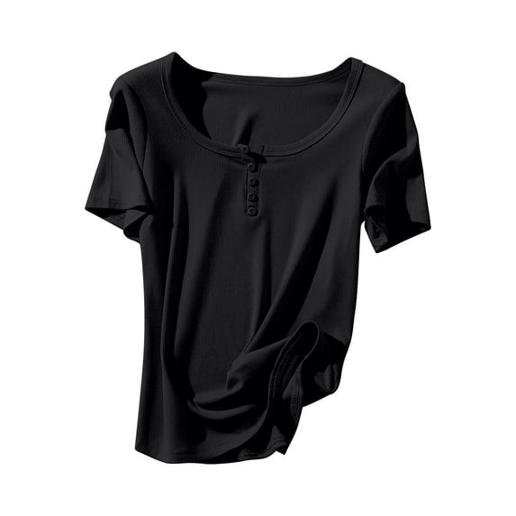 Women's Short Sleeve Loose Fit Flowy Tunic Tops Dressy Casual Tops for Lady Vintage Summer Clothes for Teen Girls Button up Neck Round Neck Blouse Fashion 2024 Solid Color Black T Shirts XL