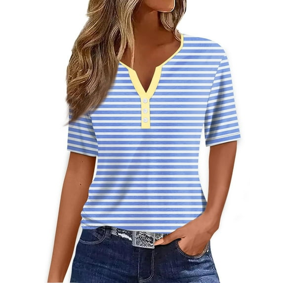 Women's Short Sleeve Loose Fit Flowy Tunic Tops Dressy Casual Tops Vintage Henley Neck Flowy Shirts Summer Clothes for Teen Girls Striped Color Block 1/4 Button up Blouse Fashion 2024 Blue T Shirts M