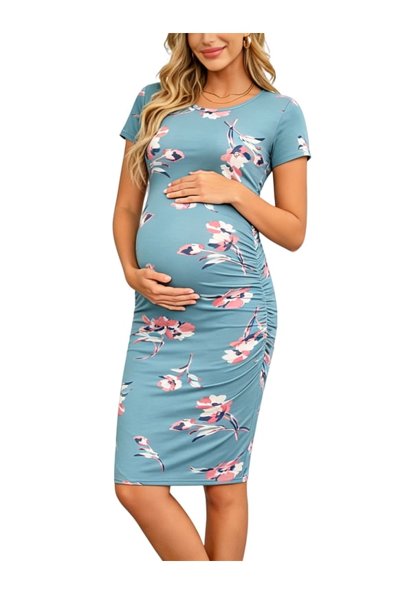 Women's Short Sleeve Maternity Dress Clothes Ruched Pregnancy Bodycon Dress