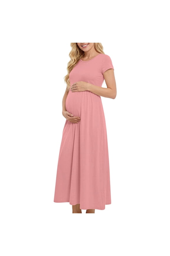 Women's Short Sleeve Maternity Dress Loose Crewneck Long Summer Swing Maxi Dresses Solid Color Pregnancy Clothes