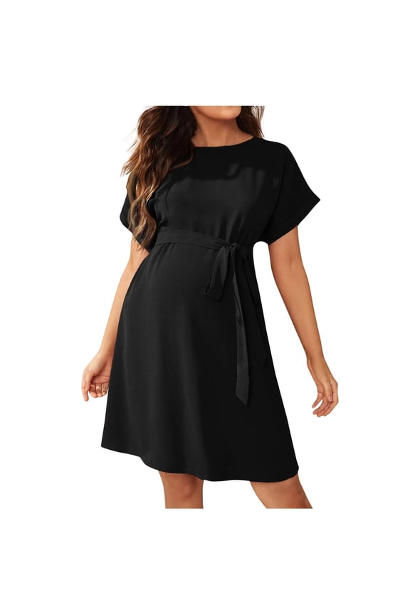 Women's Short Sleeve Maternity Dress, Loose Fit Casual Crew Neck Flowy Summer Belted Mini Dresses