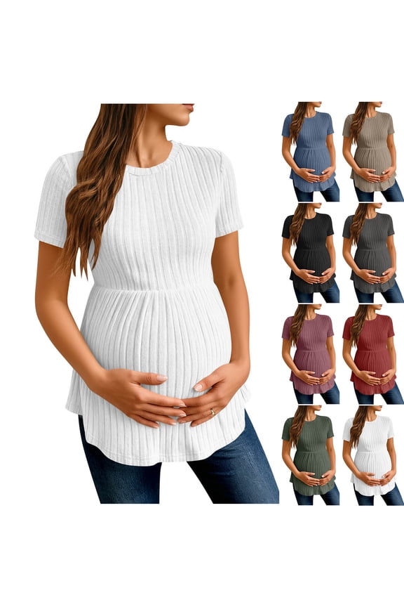 Women's Short Sleeve Maternity T-Shirts Ribbed Knit Soft Lightweight Pregnancy Tops Crew Neck Stretchy Ruched Waist Casual Maternity Tops Black Tops,Size S-2XL