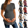 thumbnail image 1 of Women's Short Sleeve Maternity T-Shirts Ribbed Knit Soft Lightweight Pregnancy Tops Crew Neck Stretchy Ruched Waist Casual Maternity Tops Gray Tops,Size S-2XL, 1 of 9