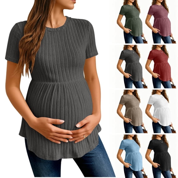 Women's Short Sleeve Maternity T-Shirts Ribbed Knit Soft Lightweight Pregnancy Tops Crew Neck Stretchy Ruched Waist Casual Maternity Tops Gray Tops,Size S-2XL