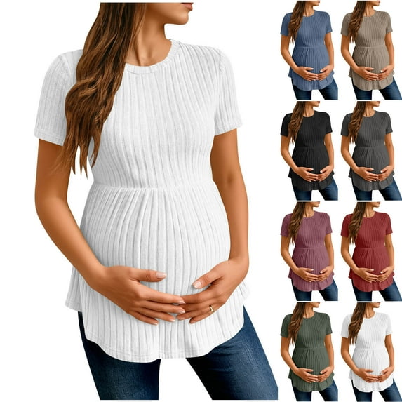 Women's Short Sleeve Maternity T-Shirts Ribbed Knit Soft Lightweight Pregnancy Tops Crew Neck Stretchy Ruched Waist Casual Maternity Tops Navy Tops,Size S-2XL