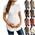 thumbnail image 1 of Women's Short Sleeve Maternity T-Shirts Ribbed Knit Soft Lightweight Pregnancy Tops Crew Neck Stretchy Ruched Waist Casual Maternity Tops Red Tops,Size S-2XL, 1 of 9