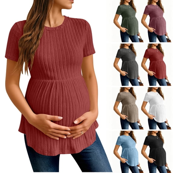 Women's Short Sleeve Maternity T-Shirts Ribbed Knit Soft Lightweight Pregnancy Tops Crew Neck Stretchy Ruched Waist Casual Maternity Tops Red Tops,Size S-2XL
