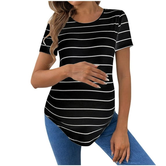 Women's Short Sleeve Maternity Tops Cotton Crew Neck Striped T-shirts Soft Tunic Tees New Mama Clothes Gifts (XL, Black|Striped)
