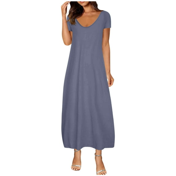 Women's Short Sleeve Maxi Dress Summer Casual Basic Long T Shirt Dresses Crewneck Loose Beach Vacation Sundress
