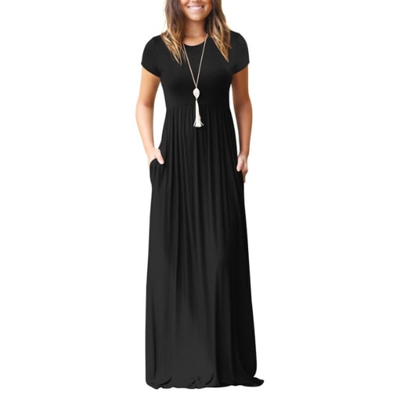 Women's Short Sleeve Maxi Dresses Casual Empire Waist Long Dress with Pockets