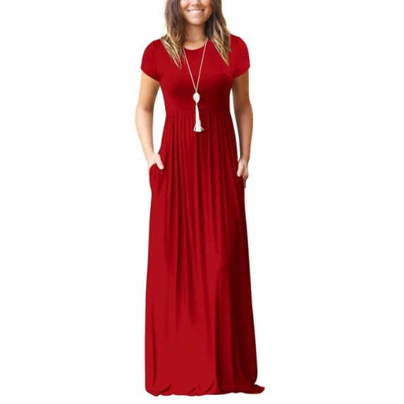 Women's Short Sleeve Maxi Dresses Casual Empire Waist Long Dress with Pockets