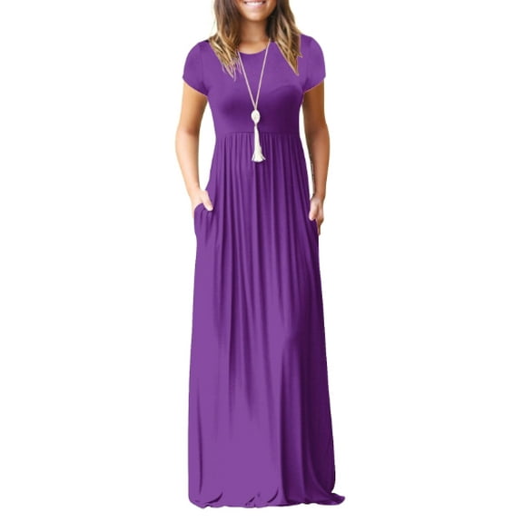 Women's Short Sleeve Maxi Dresses Casual Empire Waist Long Dress with Pockets