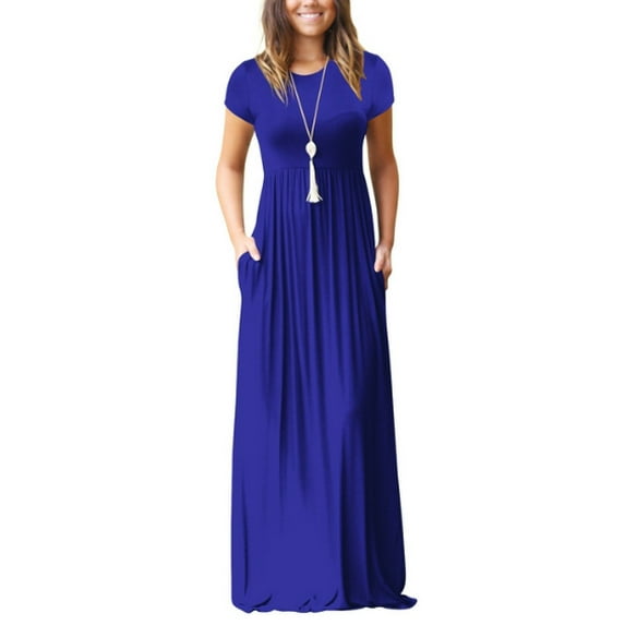 Women's Short Sleeve Maxi Dresses Casual Empire Waist Long Dress with Pockets