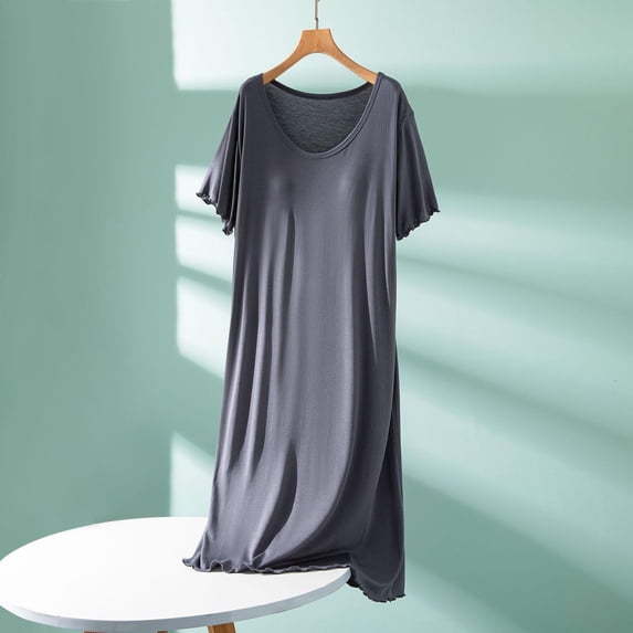 Women's Short Sleeve Maxi Nightgown Ruffled Soft Loose Fitting Pajamas Dress with Chest Pad Loungewear Sleepshirts Gray One Size