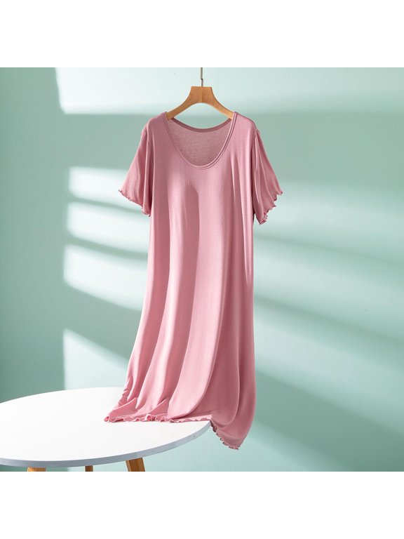 Women's Short Sleeve Maxi Nightgown Ruffled Soft Loose Fitting Pajamas Dress with Chest Pad Loungewear Sleepshirts One Size