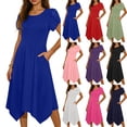thumbnail image 1 of Women’s Short Sleeve Midi Dress with Pockets Casual Crew Neck Swing A-Line Handkerchief Hem Solid Color Summer Daily Wear Black, 1 of 6