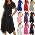 thumbnail image 1 of Women’s Short Sleeve Midi Dress with Pockets Casual Crew Neck Swing A-Line Handkerchief Hem Solid Color Summer Daily Wear Black, 1 of 6