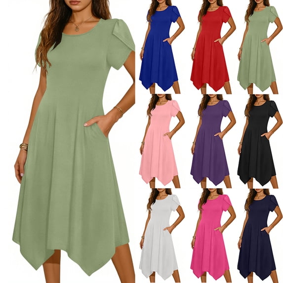Women’s Short Sleeve Midi Dress with Pockets Casual Crew Neck Swing A-Line Handkerchief Hem Solid Color Summer Daily Wear Black