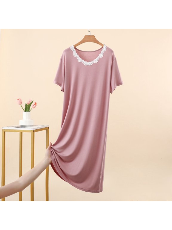 Women's Short Sleeve Midi Nightgown Lace Crewneck Soft Comfy Loose Fitting All Season Night Dress Home Wear Women Nightgown XL