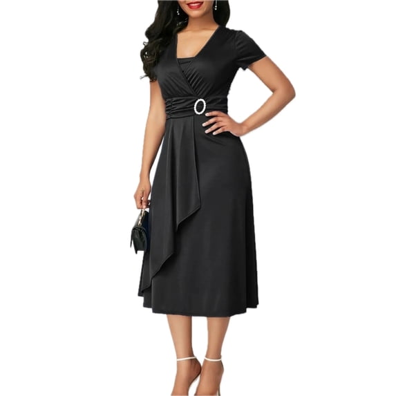 Women's Short Sleeve Midi Wrap Dress with Belt Detail 95% Polyester 5% Spandex Fabric for Everyday Elegant Comfort
