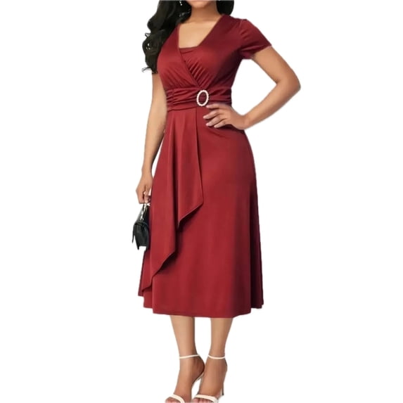 Women's Short Sleeve Midi Wrap Dress with Belt Detail 95% Polyester 5% Spandex Fabric for Everyday Elegant Comfort