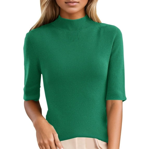 Women Sweater Dressy Casual Mock Turtleneck Short Sleeve Ribbed Business Work Shirts Tops Green XXL