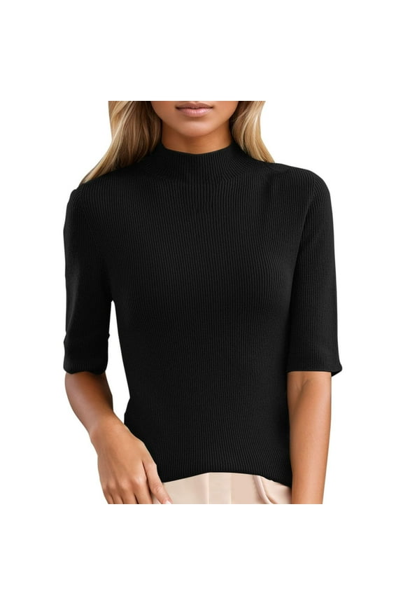 Women's Short Sleeve Mock Neck Sweater Top Turtleneck Dressy Pullover Knit Shirt Black XXL
