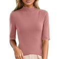 thumbnail image 1 of 2024 Women's Short Sleeve Knit Top Mock Turtleneck Slim Fit Ribbed Sweater for Casual and Business Comfortable Pullover Pink XXL, 1 of 9