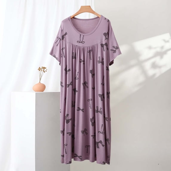 Women's Short Sleeve Nightgown Cute Bow Print Pleated Soft Comfortable Long Sleepshirts Pajamas Dress Purple XXL