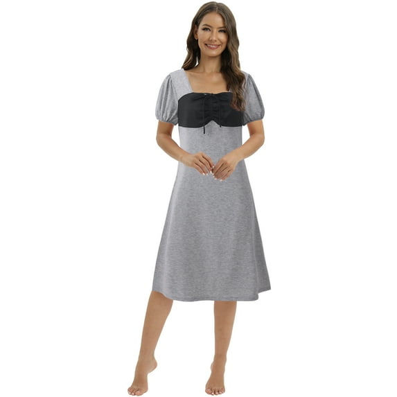 Women's Short Sleeve Nightgown Knee Length Sleepwear Square Neck Shirred Puff Sleeve House Dress Sweet Nightdress, Gray S