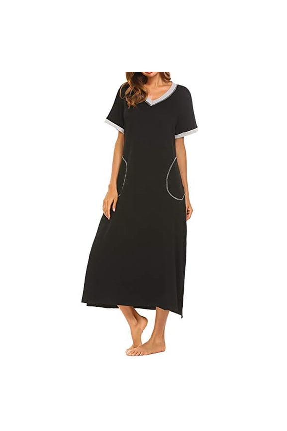 Women's Short Sleeve Nightgown V Neck Side Slit Nightdress Casual Loose Comfy Long Dresses Pajamas with Pockets
