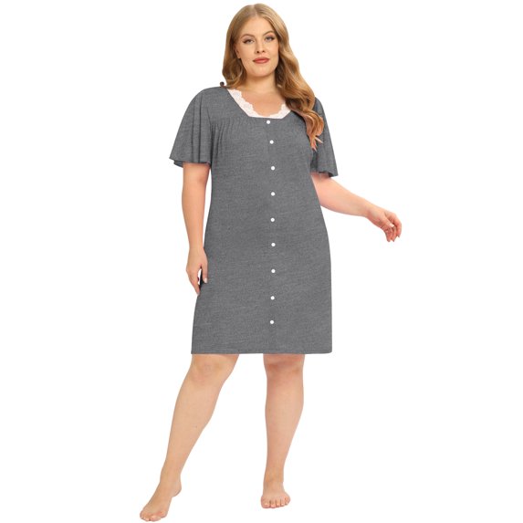 Women's Short Sleeve Nightgowns Lace Stitching Nightdress Large Size Sleepshirts Household Solid Color Summer Pajamas Dress Plus Size,Gray XL-4XL