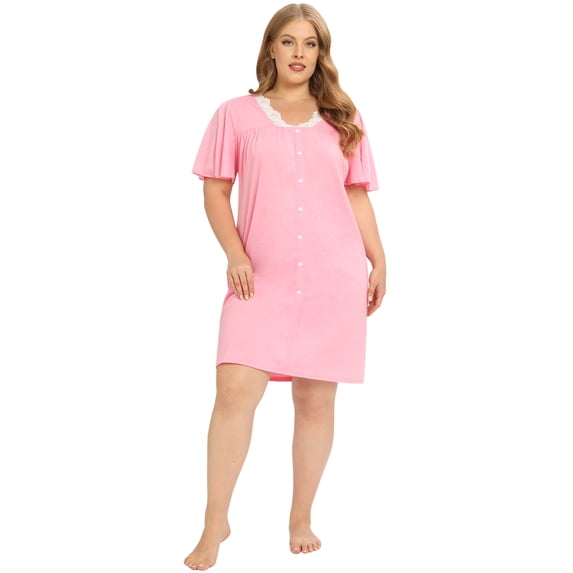 Women's Short Sleeve Nightgowns Lace Stitching Nightdress Large Size Sleepshirts Household Solid Color Summer Pajamas Dress Plus Size,Pink XL-4XL