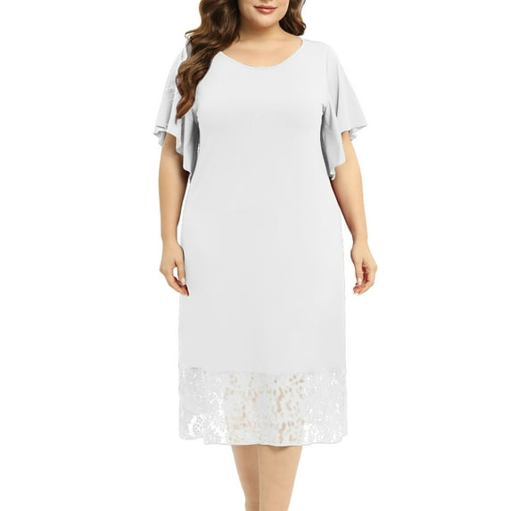 Women's Short Sleeve Nightgowns Soft Lace Panels Sleep Shirts Plus Size Sleepwear Flutter Sleeve Nightdress Round Neck Nightwear Pajama Shirts