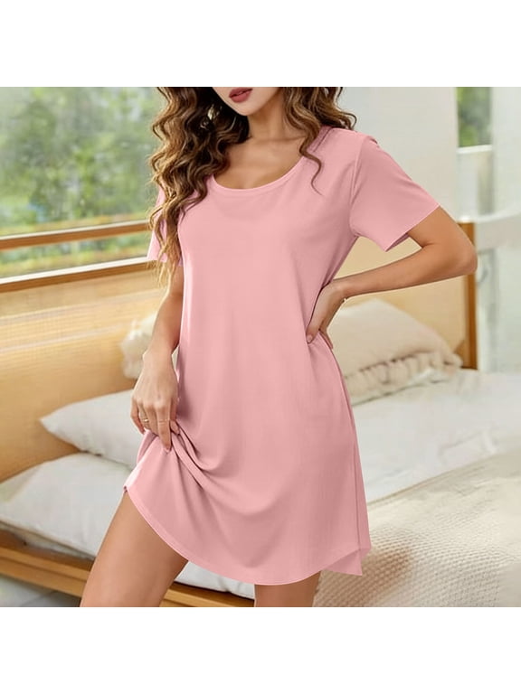 Women's Short Sleeve Nightshirt Soft Comfortable Round Neck Curved Hem Solid Nightgown Indoor Home Night Dress One Size