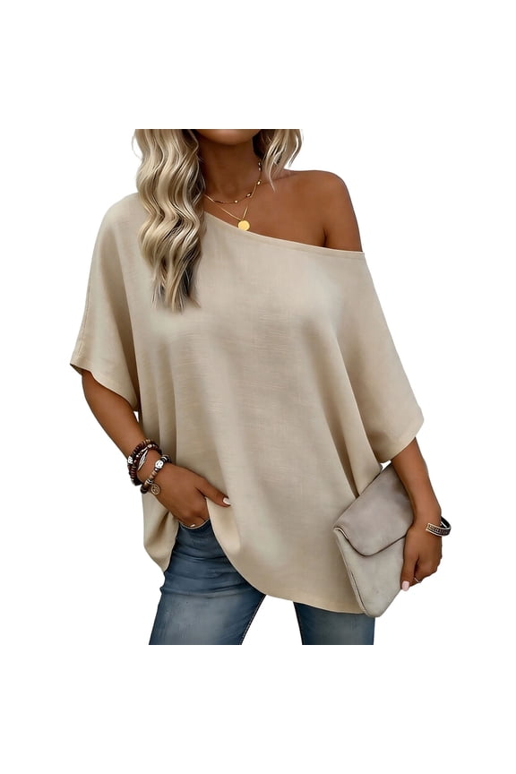 Women's Short-Sleeve Off-Shoulder Linen Solid Color Top, Raglan Sleeve Casual Loose Fit Blouse for Work and Vacation
