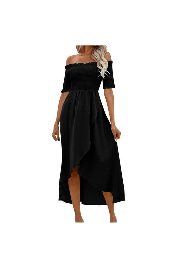 Women's Short Sleeve Off-The-Shoulder Wrap Midi Dress Elegant A Line Asymmetric Swing Hem Dresses Solid Simple Midi Dresses