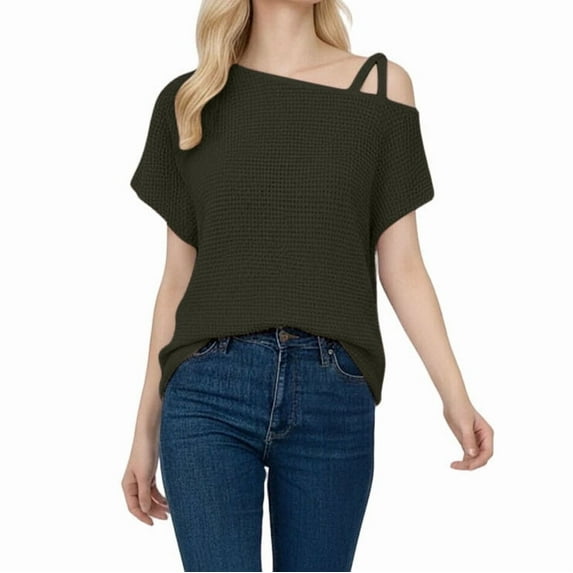 Women's Short Sleeve Off-shoulder Tops Waffle Knit Short Sleeve Shirts Comfortable Sexy Vacation Blouses