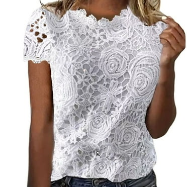 Women's Short-Sleeve Off-the-Shoulder Top - Scalloped Edge & Floral Lace Detail Spring/Summer Lace Shirt 2025,Size S