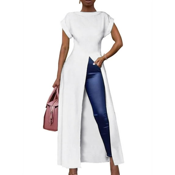 Women's Short Sleeve Open Fork Blouse Irregular High-Low Maxi T-Shirt Tops